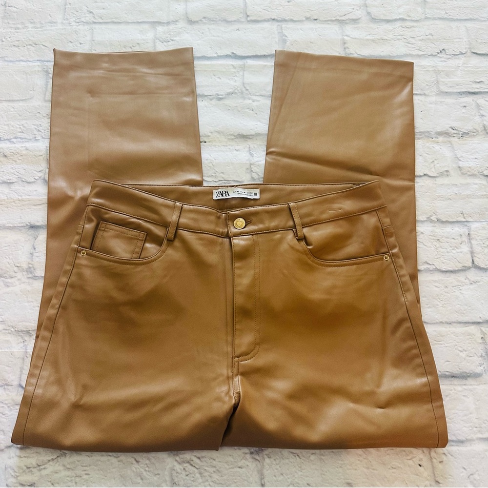 ZARA Pants 10 | Tan Faux Leather High Waist Wide Leg 5-Pocket